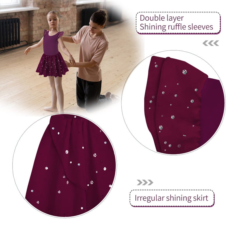 MOLLDAN Girls Dance Leotards for Ballet Dress Shiny Skirt Ruffle Sleeve Crisscross Back(QT4043-10-M) - Image 5